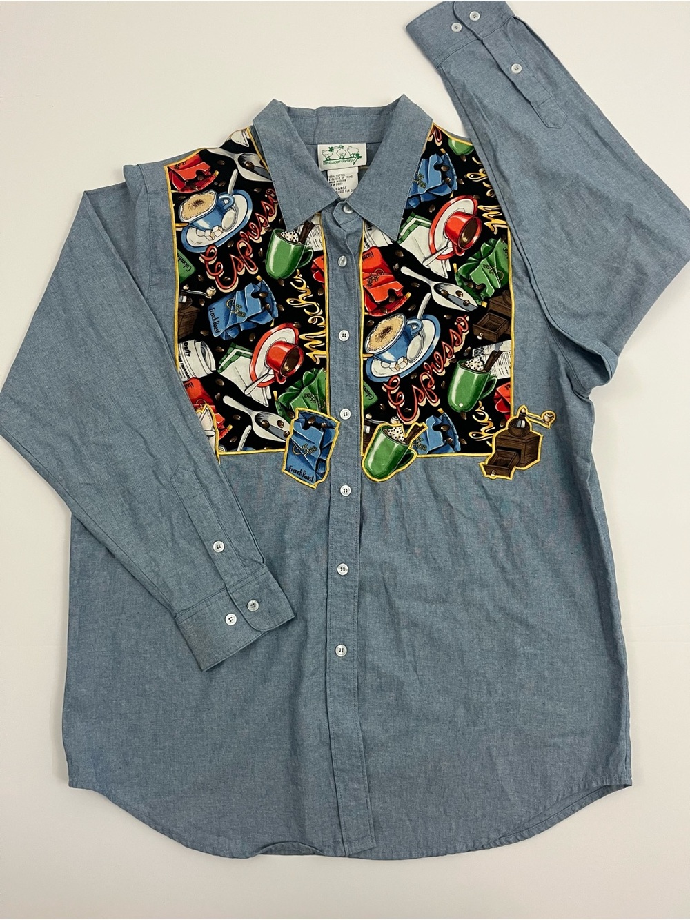 The Quacker Factory Coffee Time Chambray Button Front Shirt Embroidered womens L
